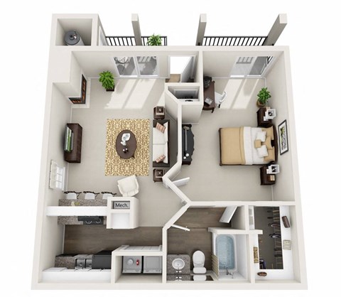 Floor plan for 1 bed, 1 bath, 770 sqft